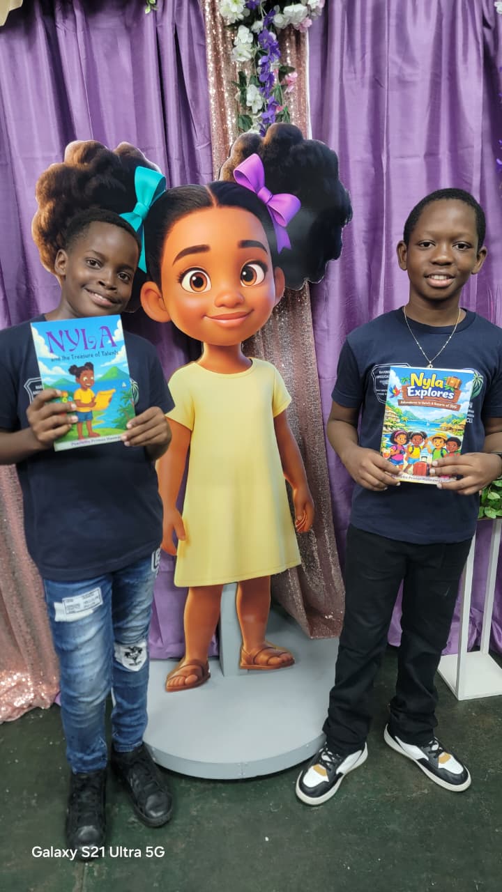 Young readers with Nyla and the Treasure of Talents beside the life-size animated character